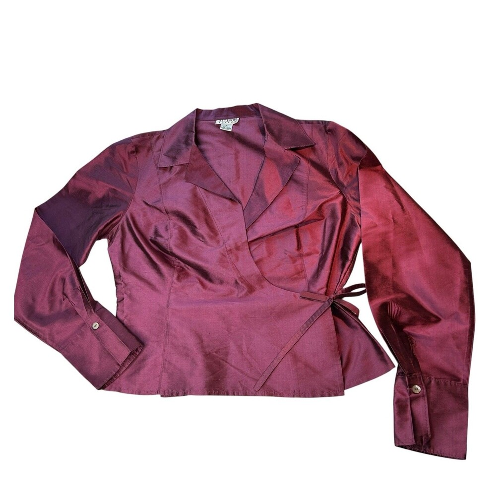 Allison Taylor 100% Silk Wrap Blouse Plum Purple Shimmer 8 Long Sleeve Shiny Y2K